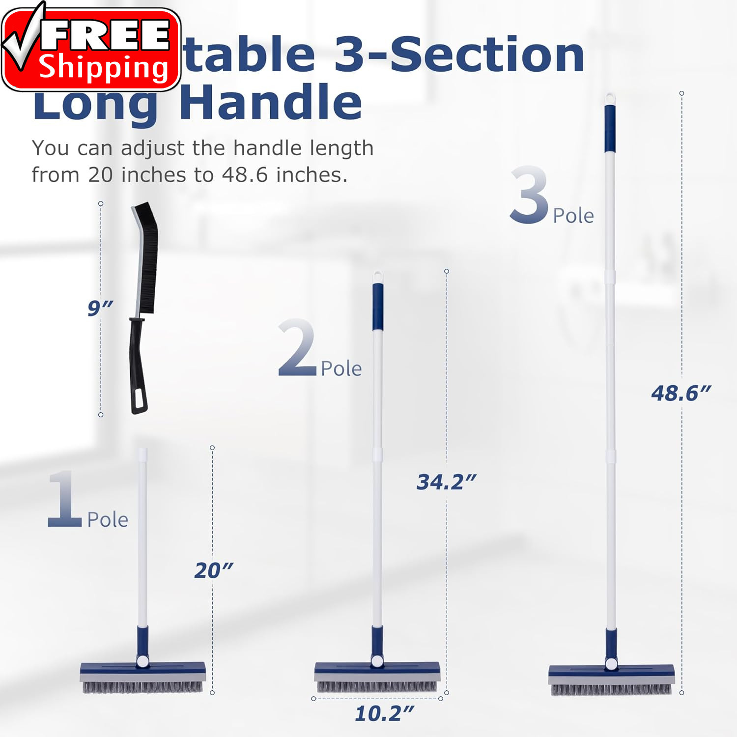 Grout Brush with Long Handle, Grout Cleaner Brush for Tile Floors, Stiff Bristle
