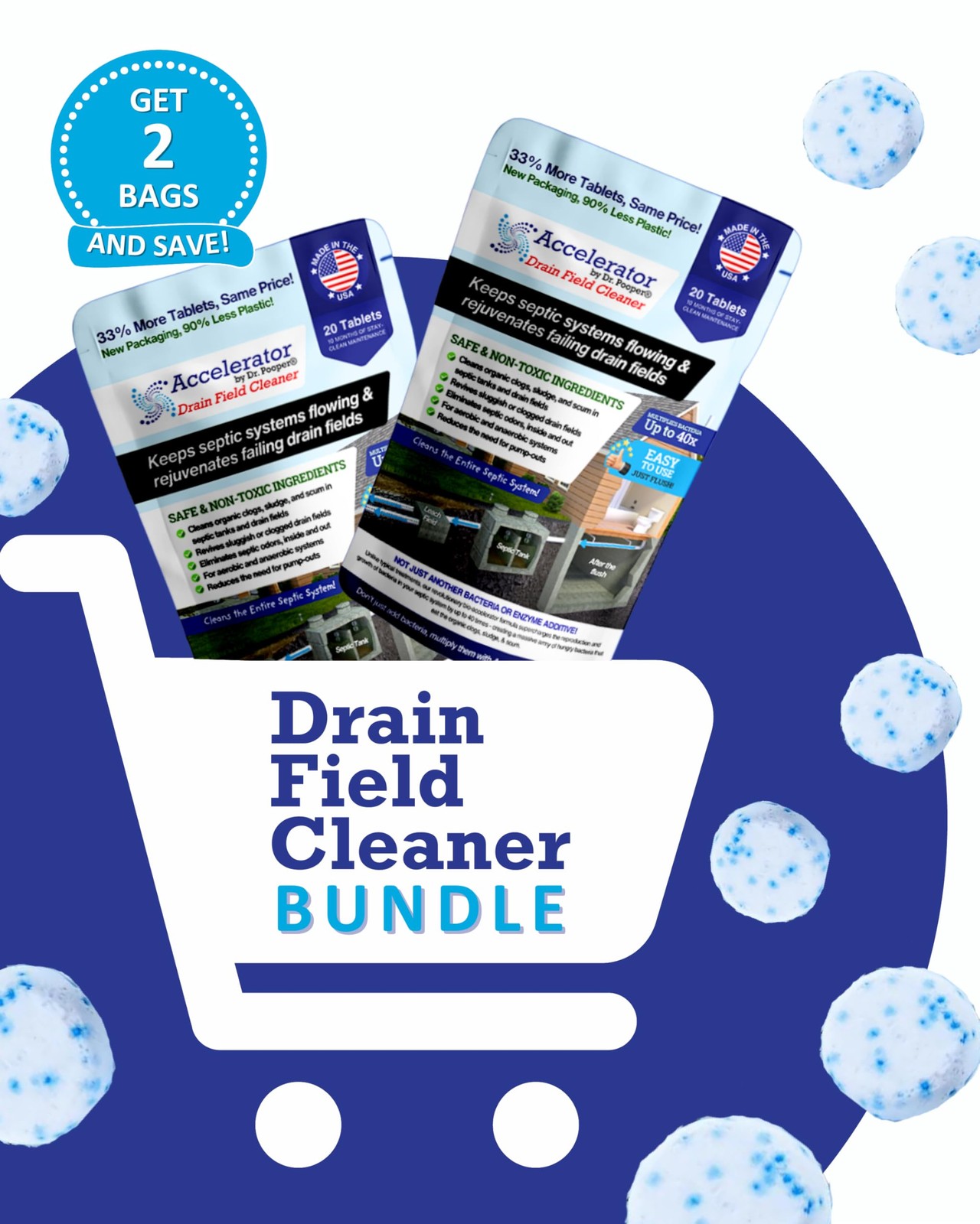 2-Pack Value BUNDLE of Drain Field Cleaner Tablets by Dr Pooper. Clears Septic