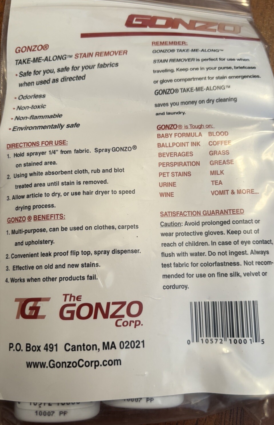 TWO GONZO Take Me Along Magic Stain Spot Remover Spray 1 FL OZ Each TOTAL 2 OZ