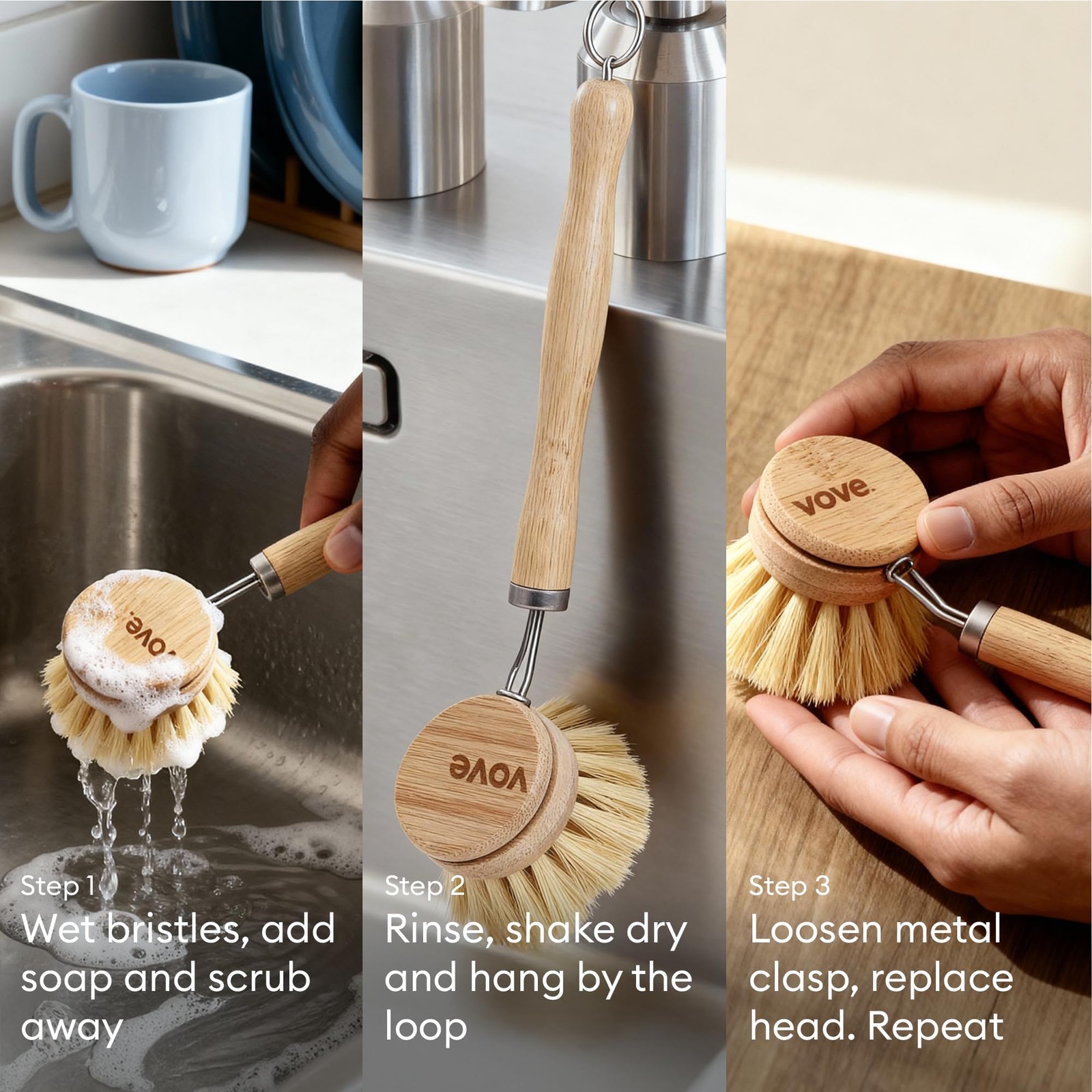 Bamboo Dish Brush, FSC-Certified – Includes 3 Replacement Heads – Natural Fib…