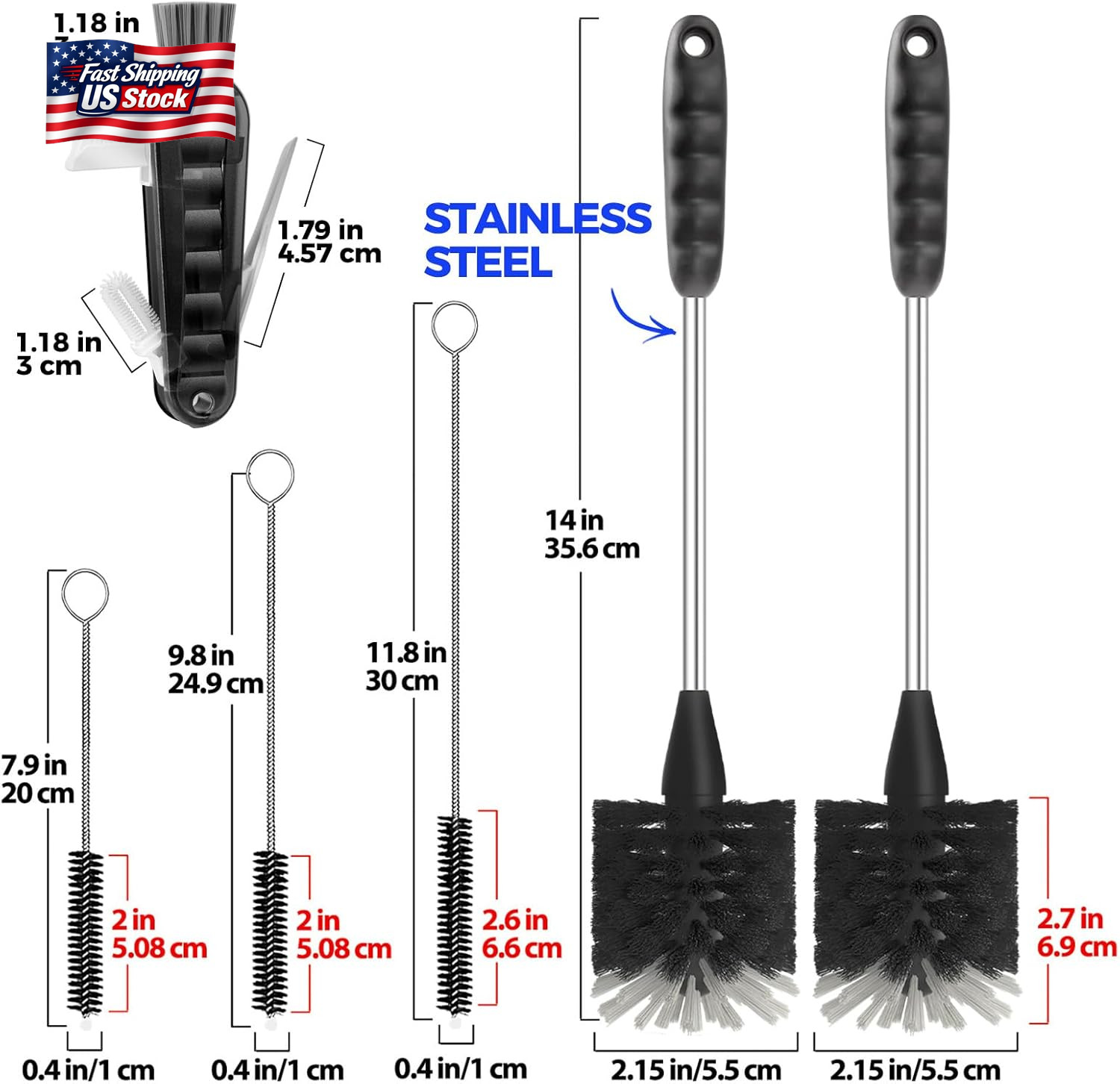 Holikme 6 Pack Bottle Brush Set, 14″ Long Handle Stainless Steel Bottle Cleaner