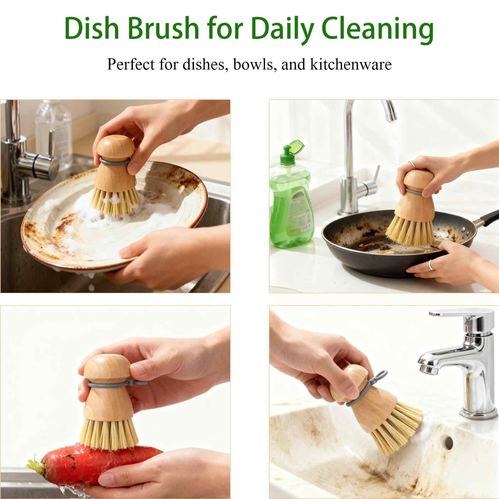 TELUNSHI 2 Pack Wooden Dish Brush, Compact Palm Dish Scrubber with Soft Rubbe…