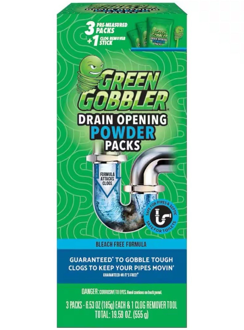 Green Gobbler Drain and Toilet Clog Opening Packs 3 Count + 1 Clog Remover Stick