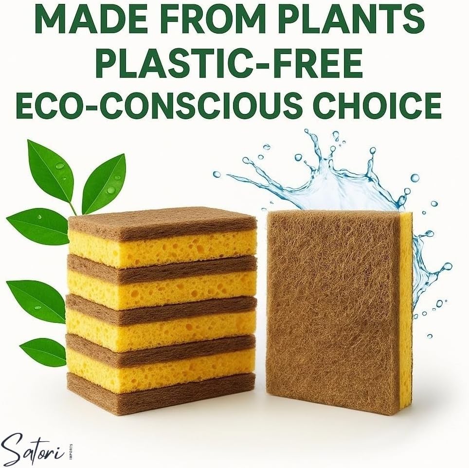 Natural Kitchen Sponges – 10 Pack Plant-Based Coconut & Cotton Scrubbers,