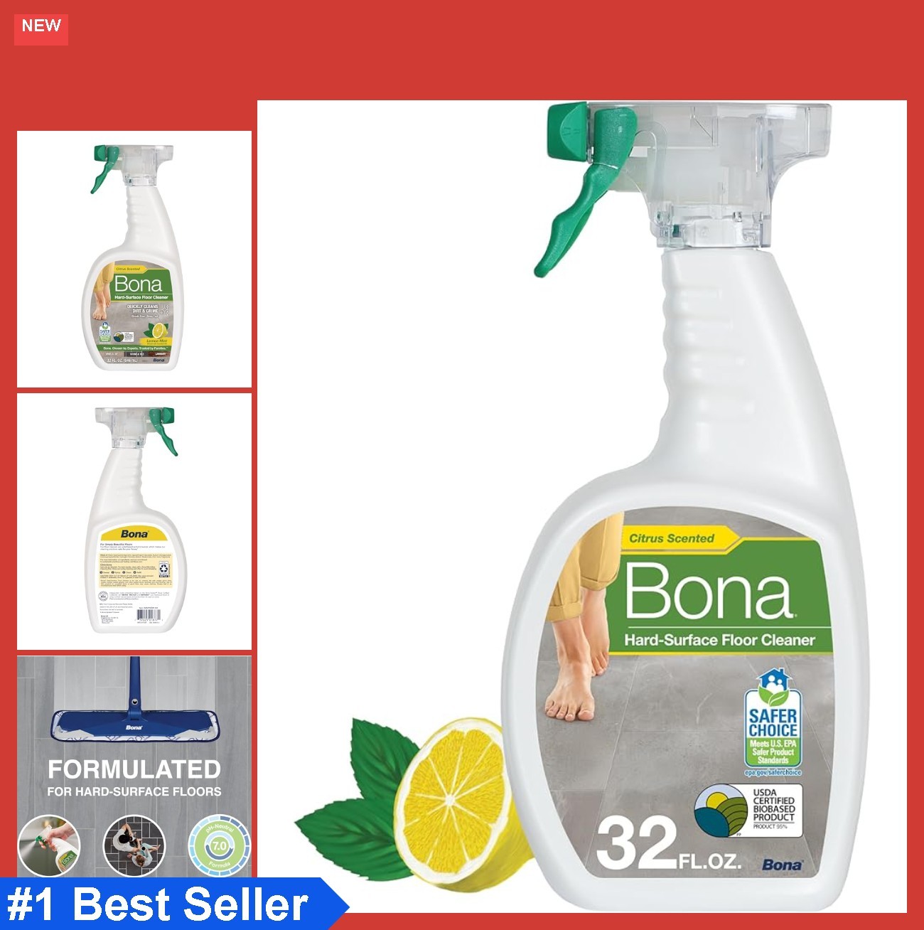 Multi-Surface Floor Cleaner Spray 32 oz Lemon Mint Residue Free For Tile