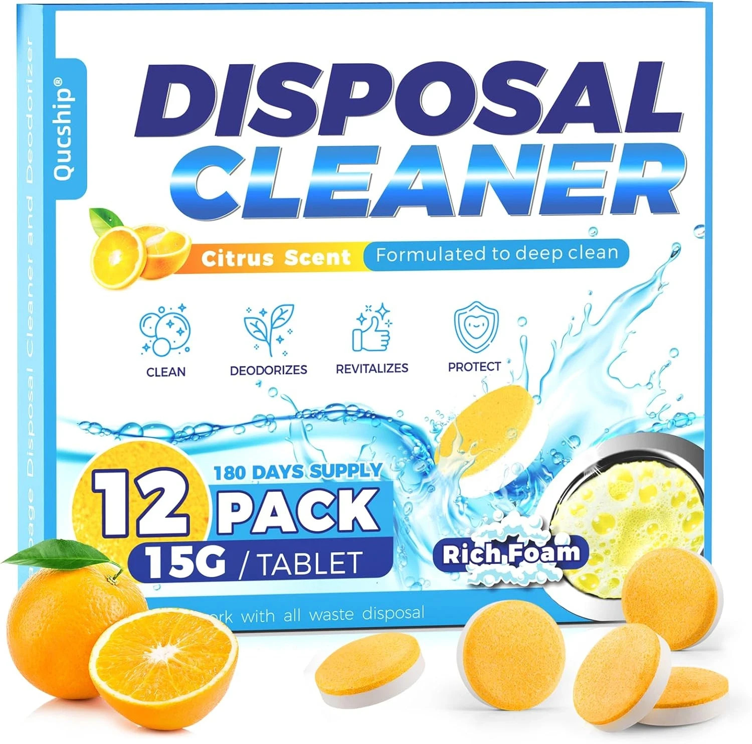 Garbage Disposal Cleaner Deodorizer – 12 Pack, Foaming Citrus Sink Freshener – X