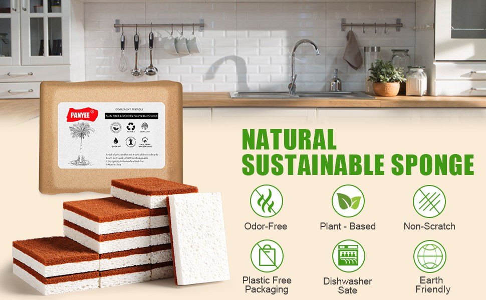 Natural Plant Based Scrub Sponge 12 Pack, Palm Fiber Scrubbing Sponge with Non