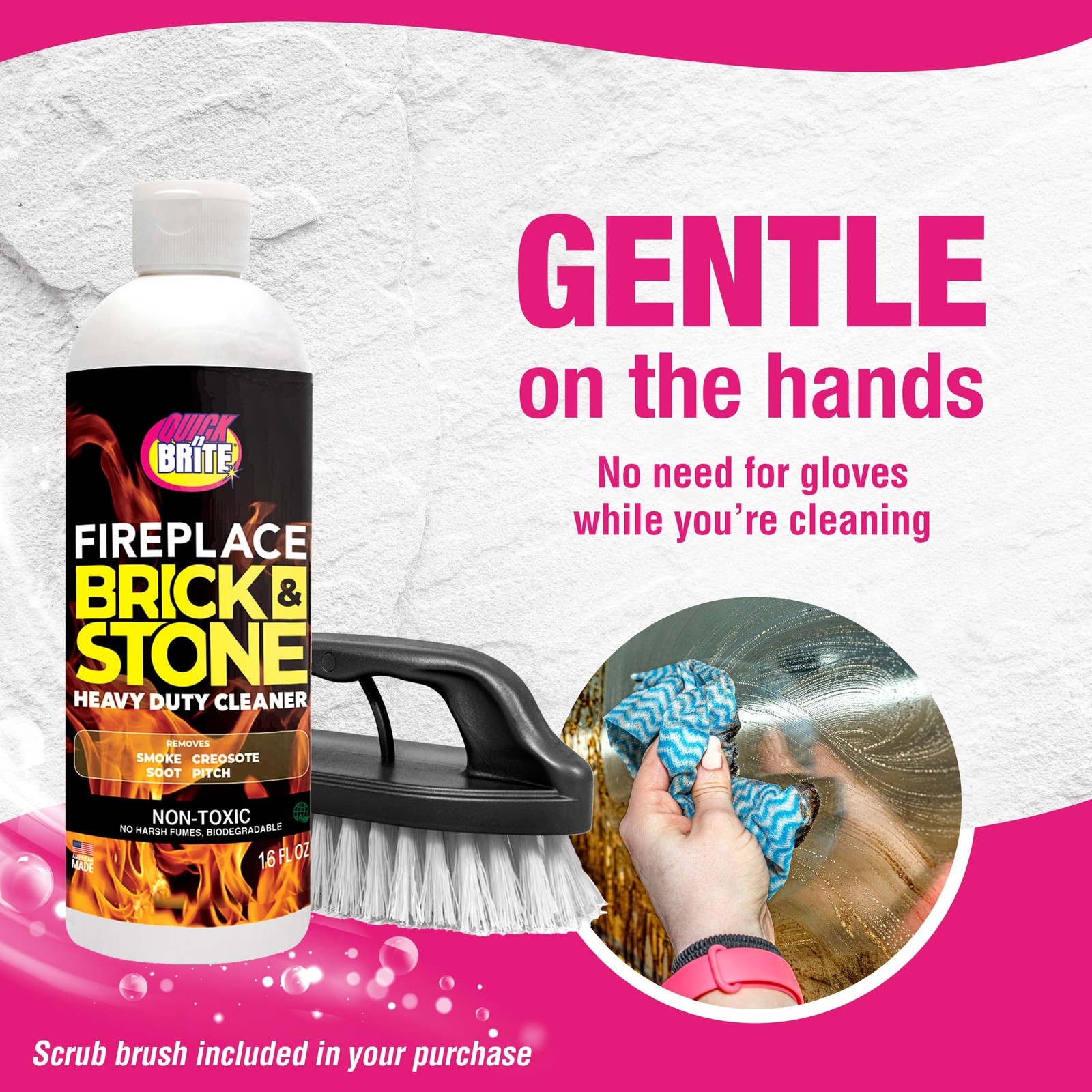 Quick N Brite Fireplace Cleaner with Scrub Brush for Brick, Stone, Rock, Tile…