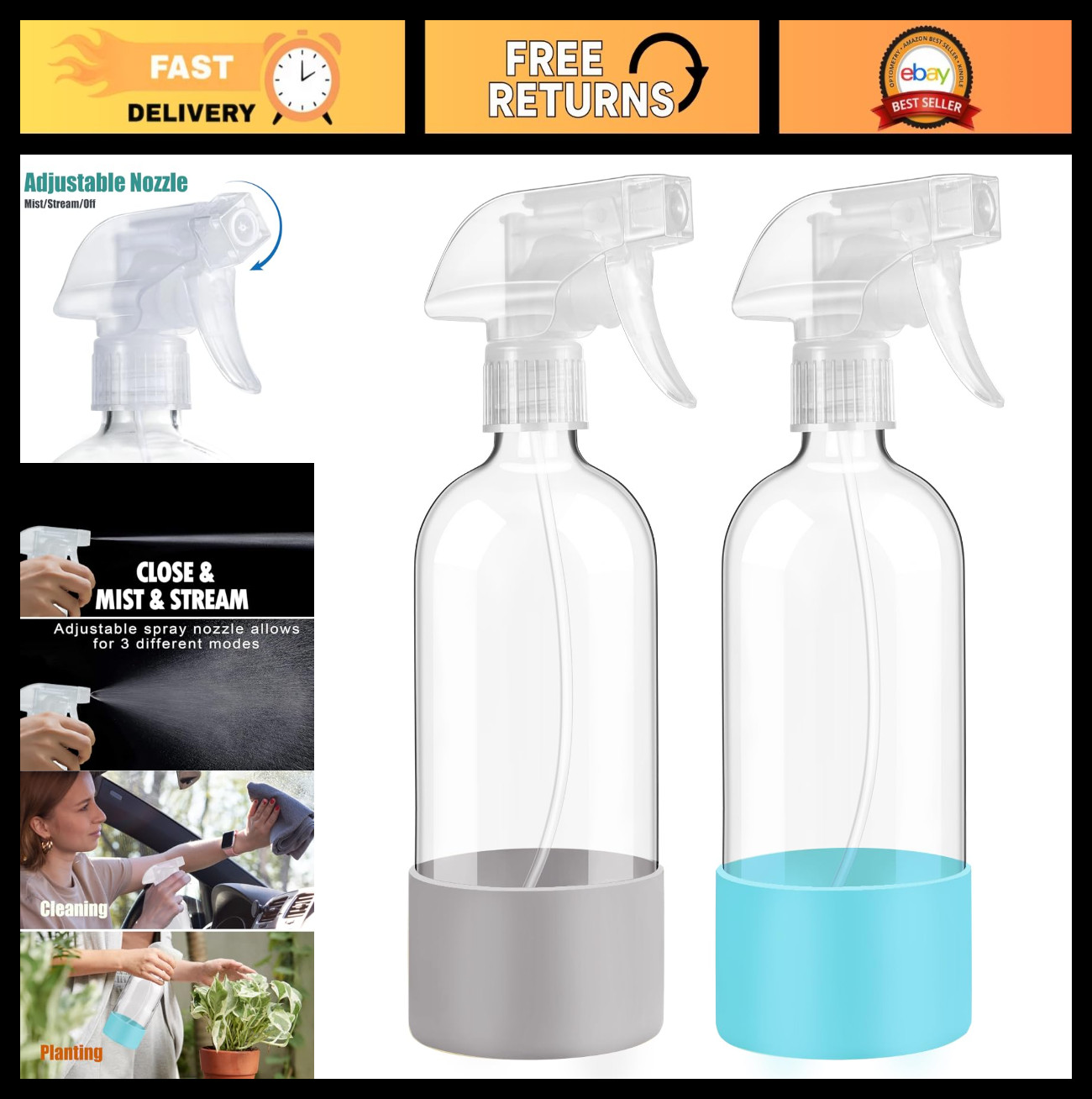 16oz Glass Spray Bottles 2-Pack with Silicone Sleeve, Refillable, Adjustable Noz