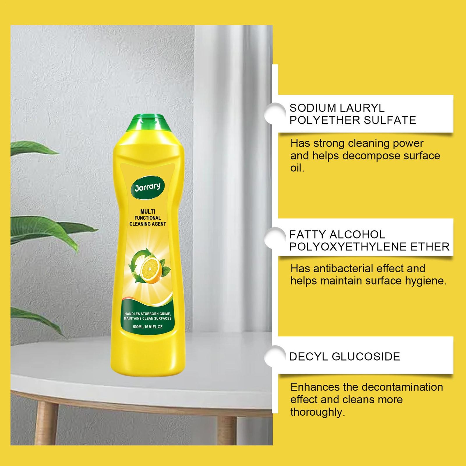 Jarrary All Purpose Cleaner 500ml, Lemon Scent Powerful Household Cleaning Tool