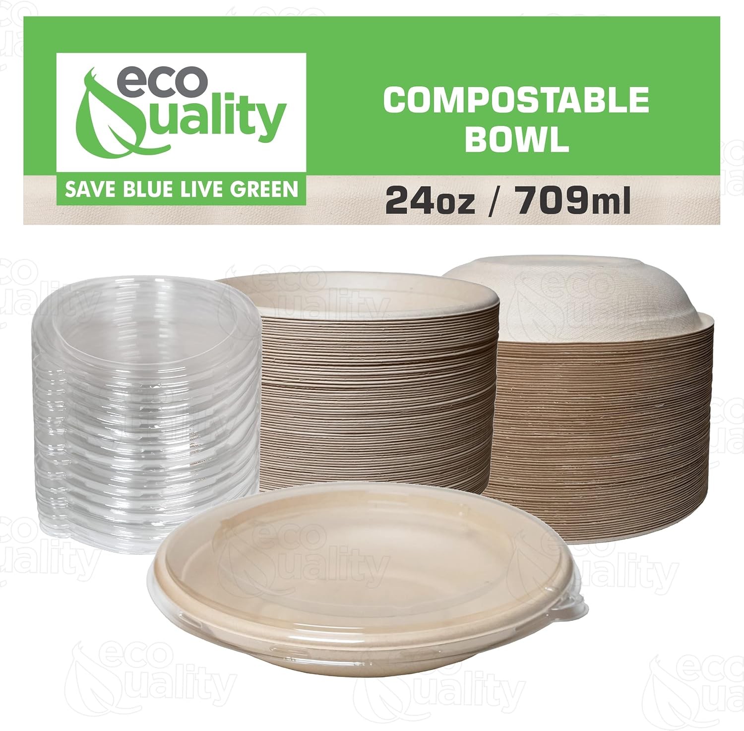 EcoQuality 100 Count 24oz Round Disposable Bowls with Lids Natural Sugarcane B