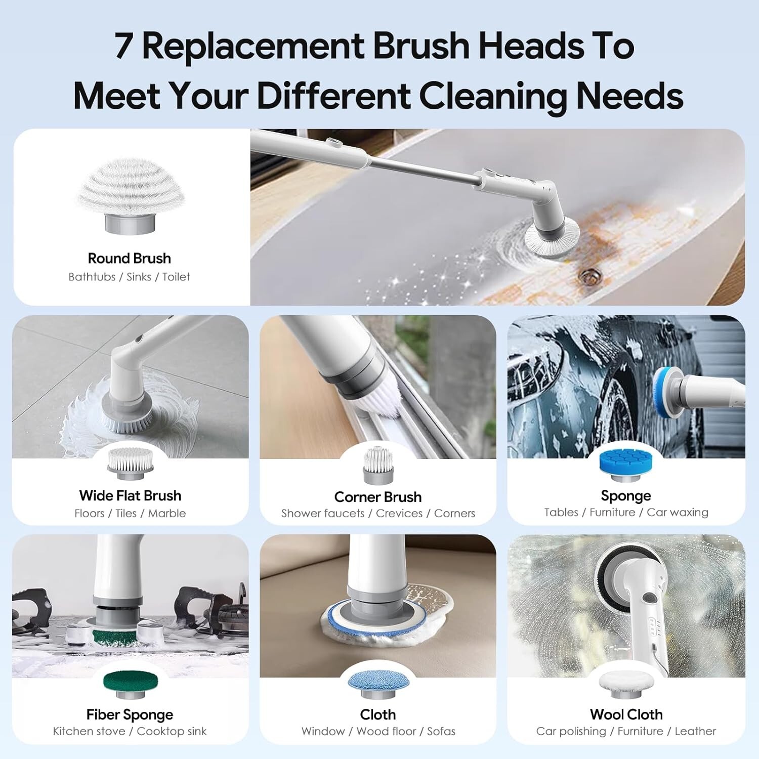 Cordless Power Electric Spin Scrubber Cleaning Brush with 7 Replaceable Heads