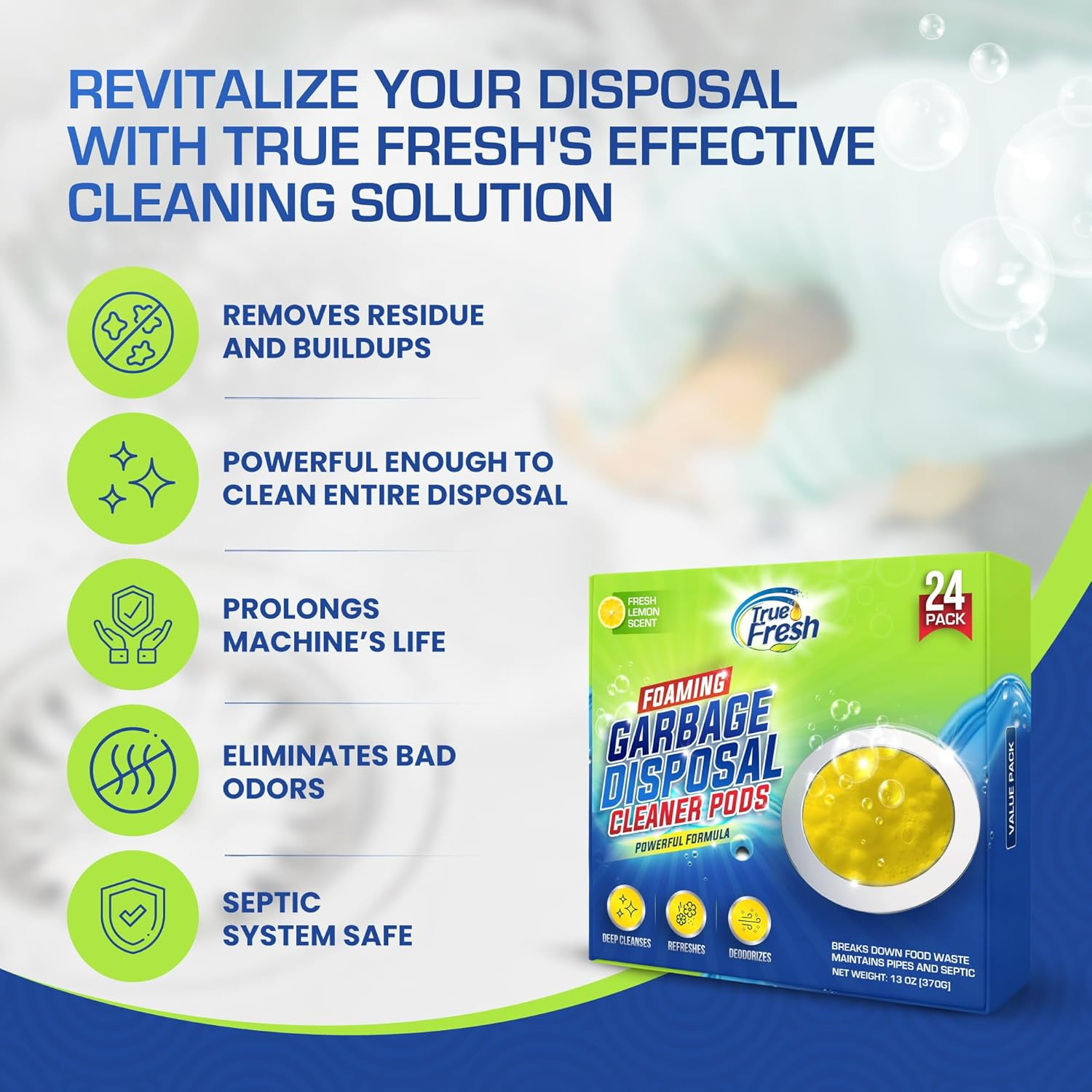 True Fresh Garbage Disposal Cleaner Tablets, Large 15G Drop-In Fresh Ocean Table