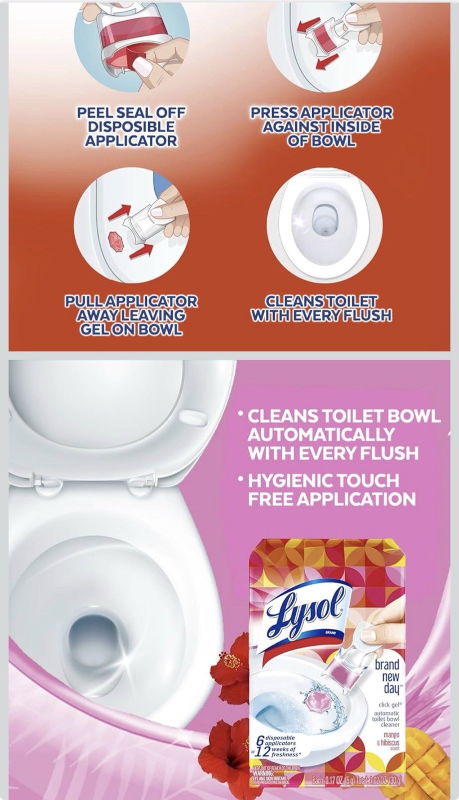Lysol Click Gel Automatic Toilet Bowl Cleaner, Mango & Hibiscus Scent, 6 Count