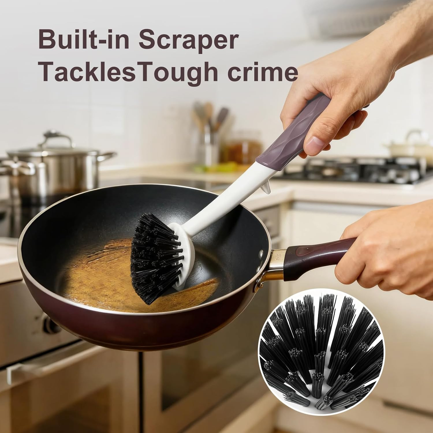 Dish Brush, 2 Pack with Comfortable Handle, with Built-In Scraper, Scrub Brush w