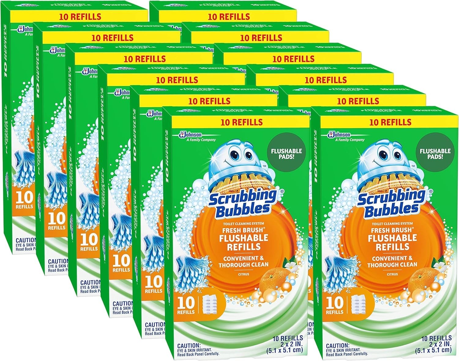 Fresh Brush Flushable Toilet Pad Refills – Citrus Freshness, 10 Count Pack of 12