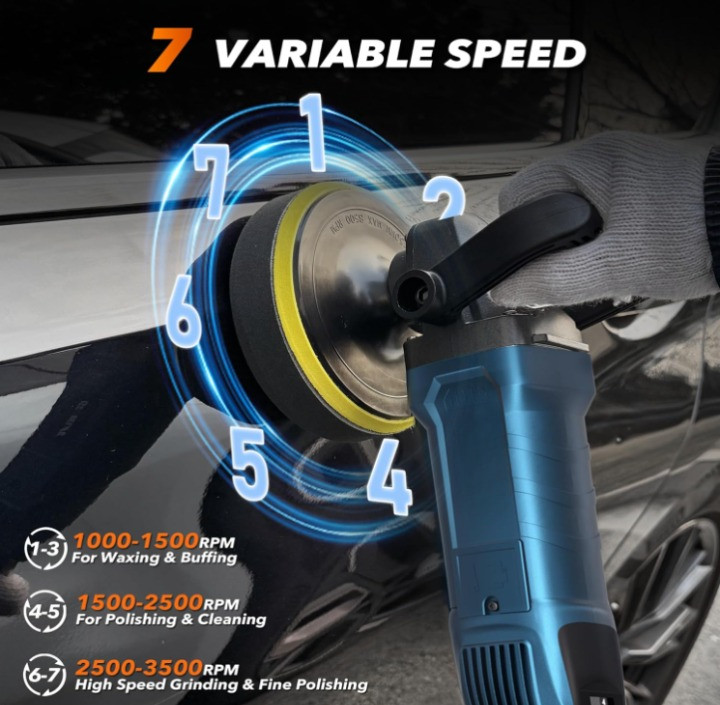 Pulidora Rotativa Auto 1600W 6”/7” 7 Velocidades 1000-3500RPM Pulido, Nuevo