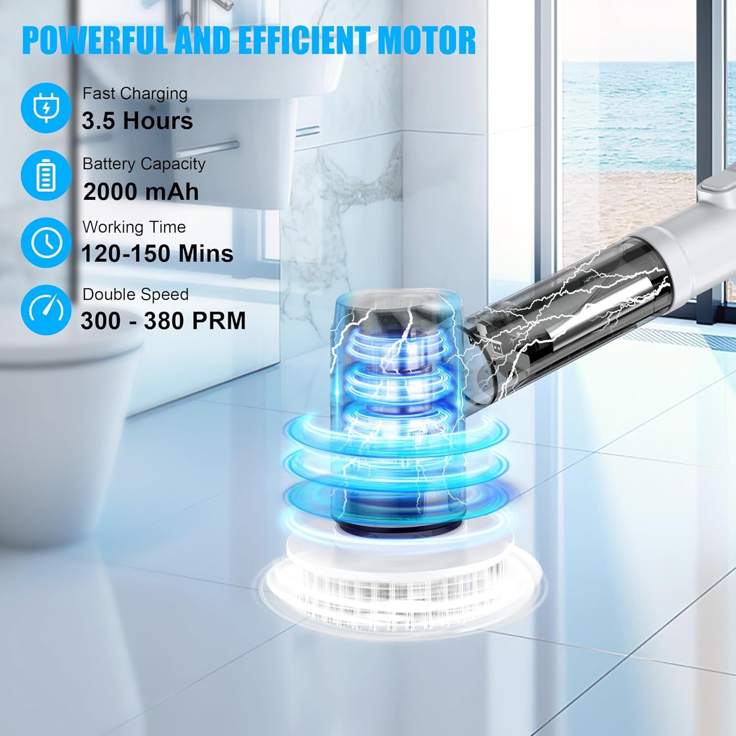 Electric Spin Scrubber 308 RPM, 2000mAh, 90min Run Time, 6 Brush Heads