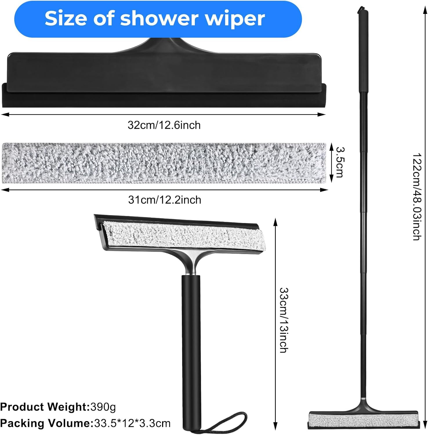 Shower Squeegee with Long Handle, Telescoping Window and Floor Extendable Squeeg