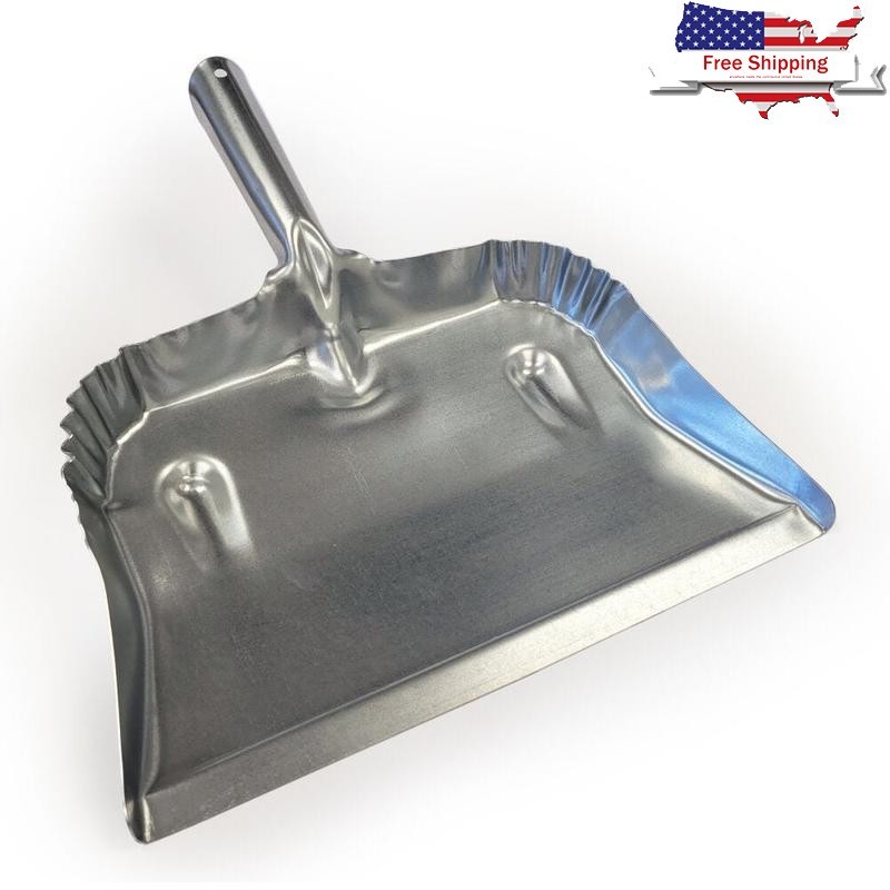Heavy Duty Galvanized Steel Dustpan Long Handle Home Garage Janitor Easy Storage