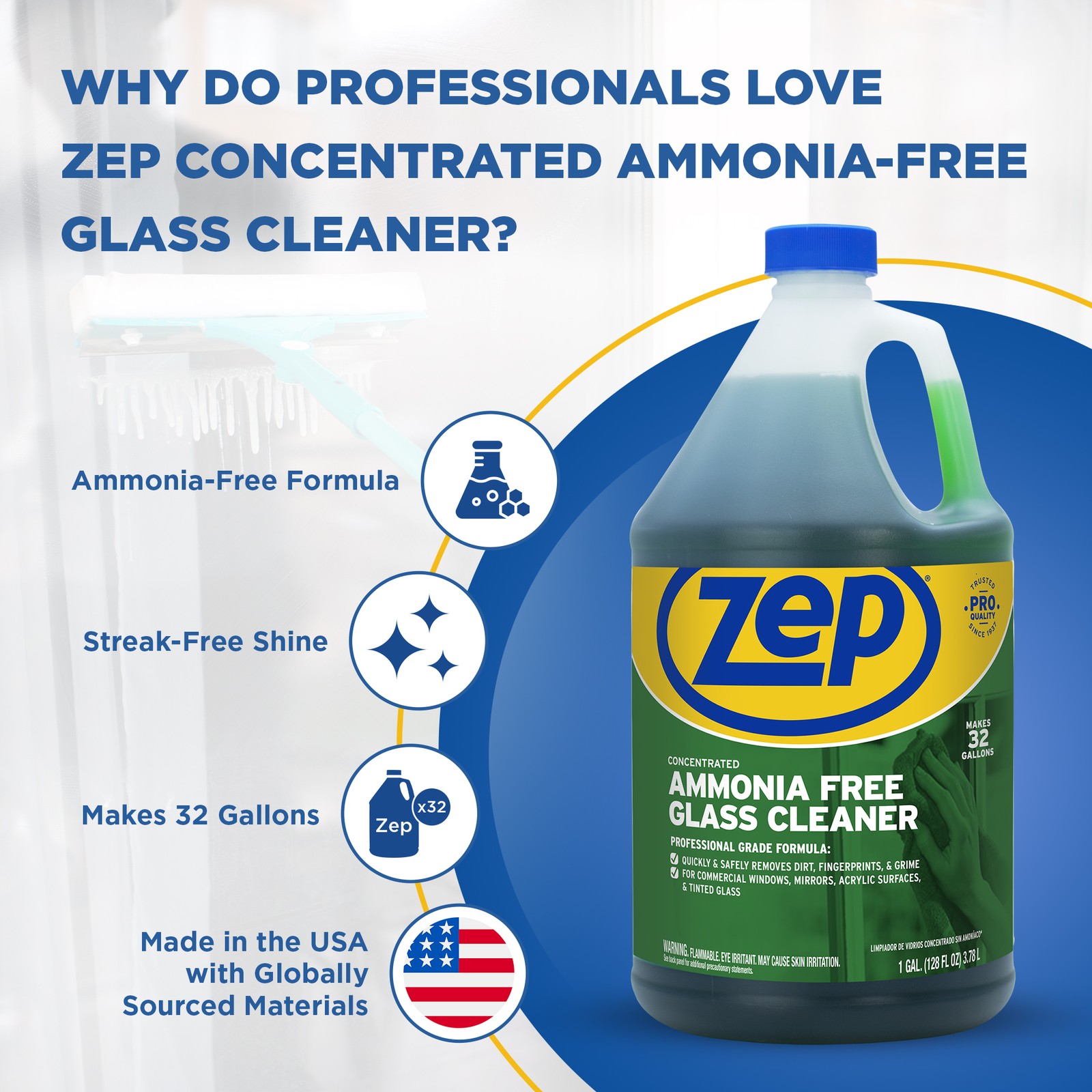 Zep Ammonia Free Glass Cleaner Concentrate- ZU1052 – Commercial Strength