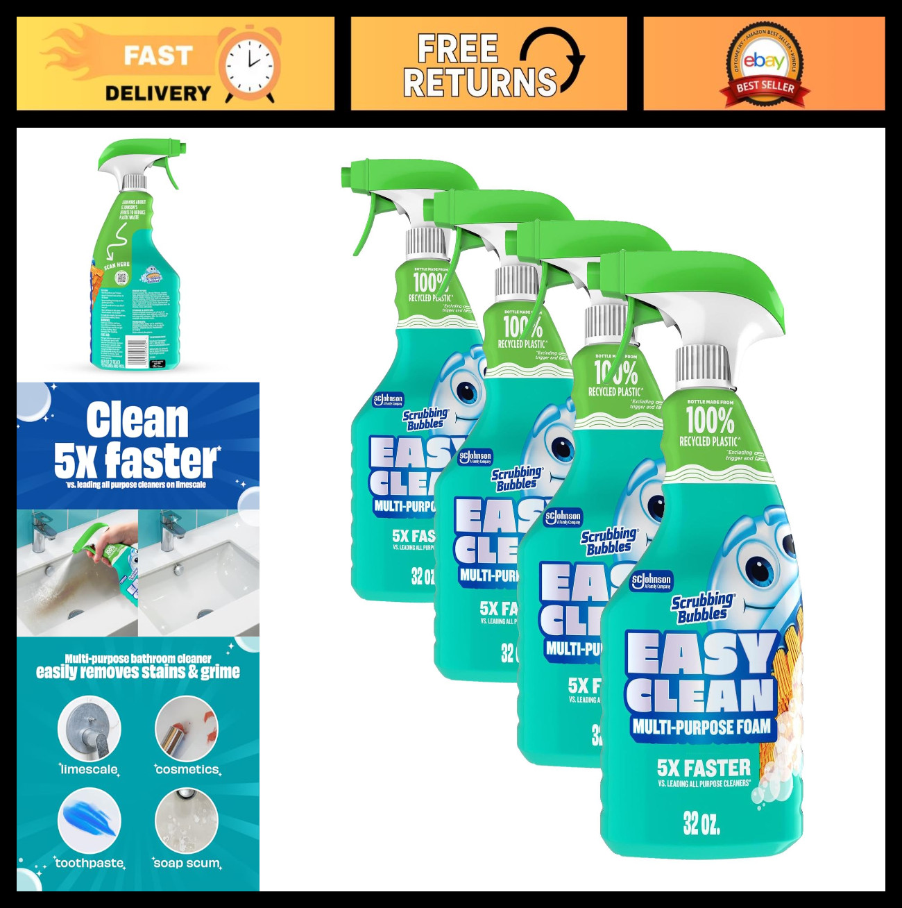 Multipurpose Foaming Bathroom Cleaner Spray – Eco-Friendly, 32oz, 4-Pack