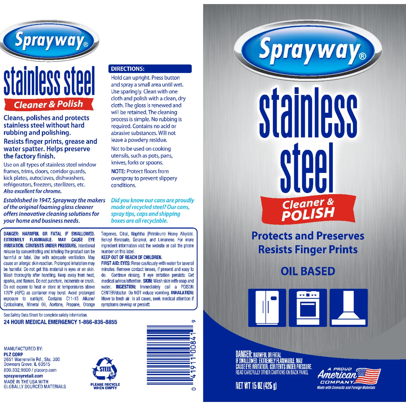 Sprayway Oil-based Stainless Steel Cleaner and Polish,Qty:2