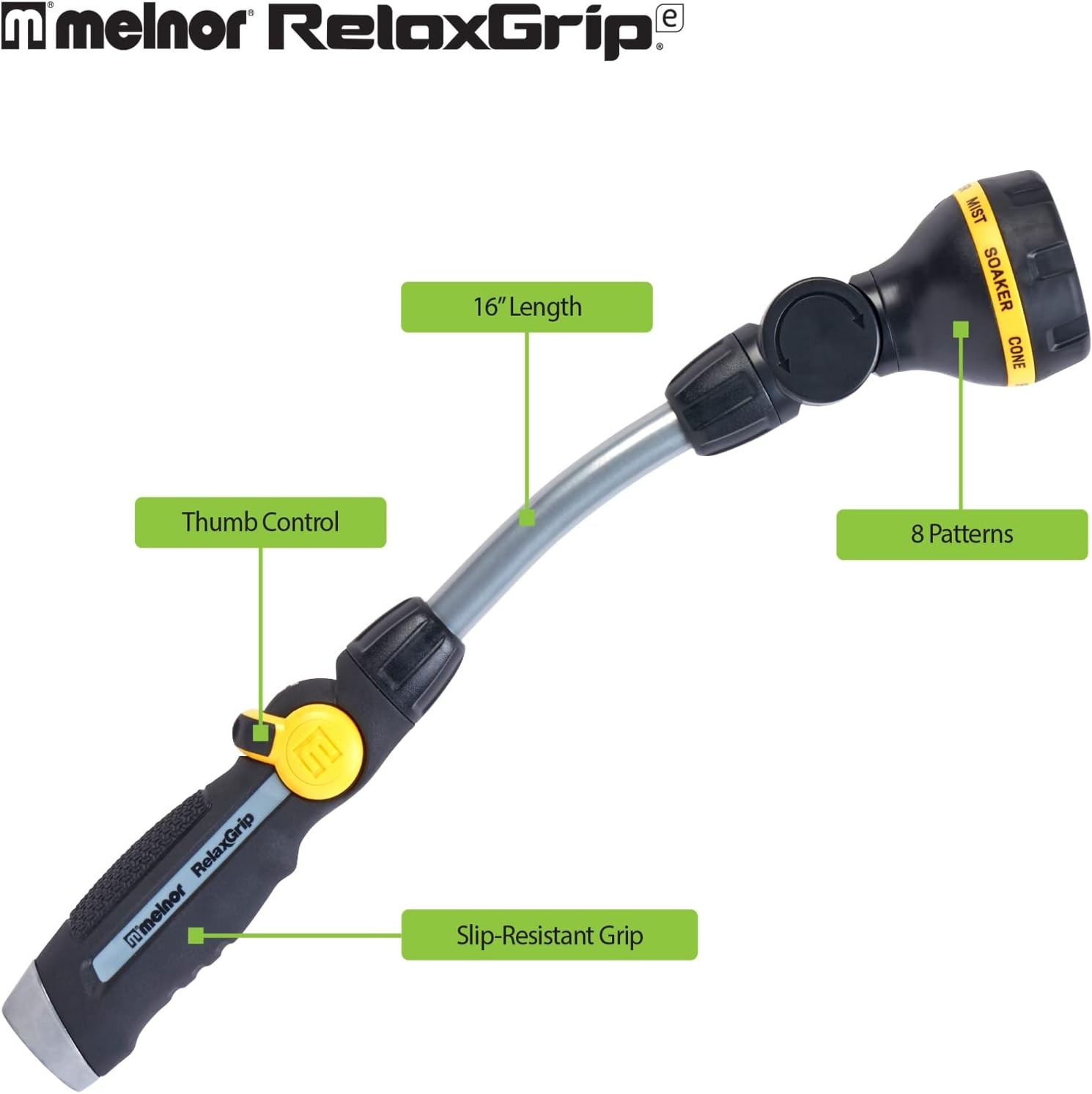 16″ Pivoting Watering Wand 8 Spray Patterns Metal Hose Nozzle Black Yellow