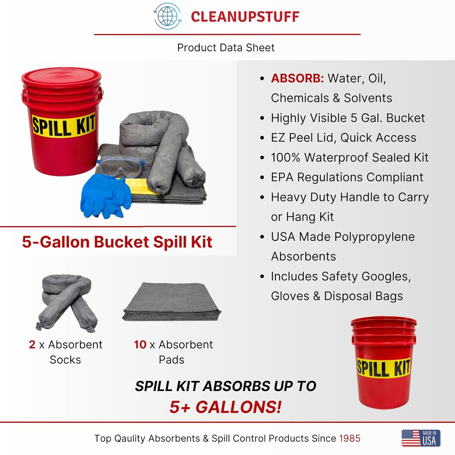Original Bucket Spill Kit – Universal Absorbents & 5-Gallon Red Bucket – Spill P