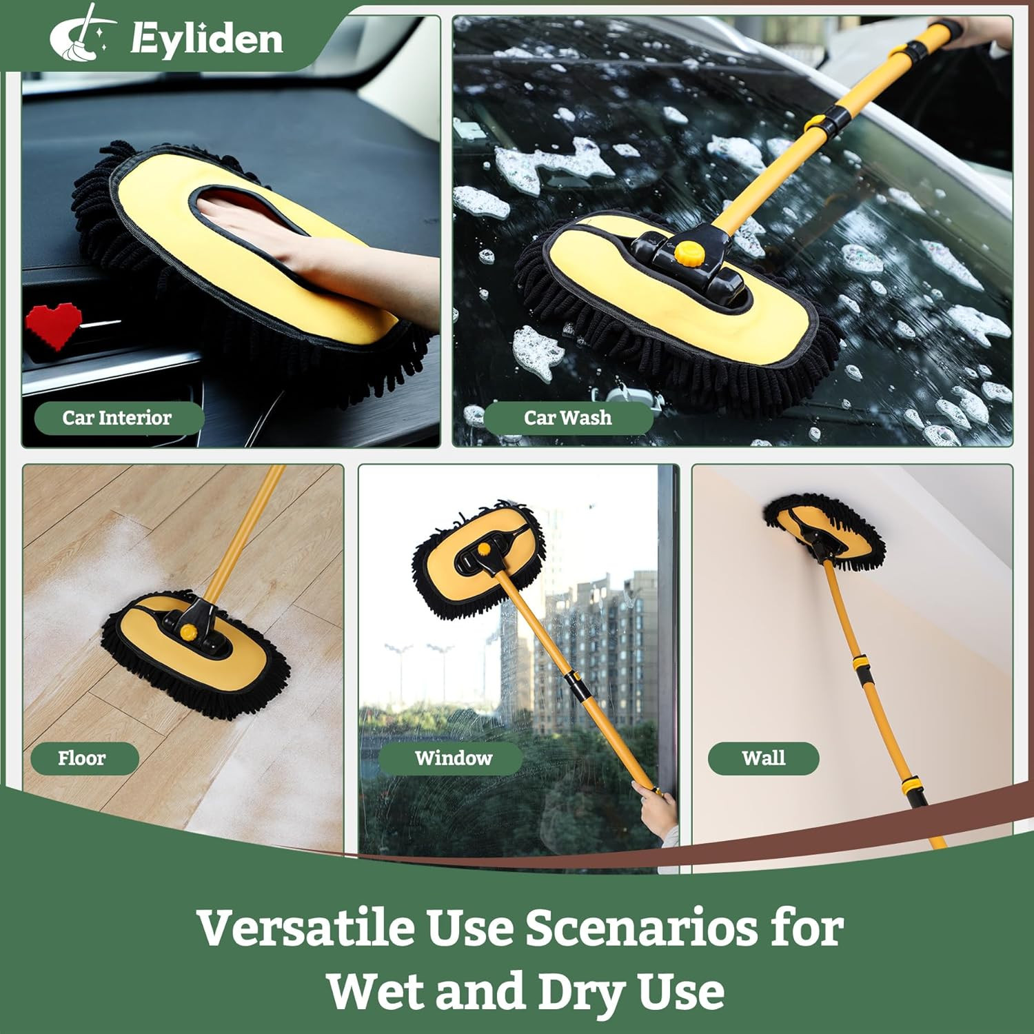 Eyliden Car Wash Brush Mop with Long Handle, 90° Swivel Head with 45° Angle Lock