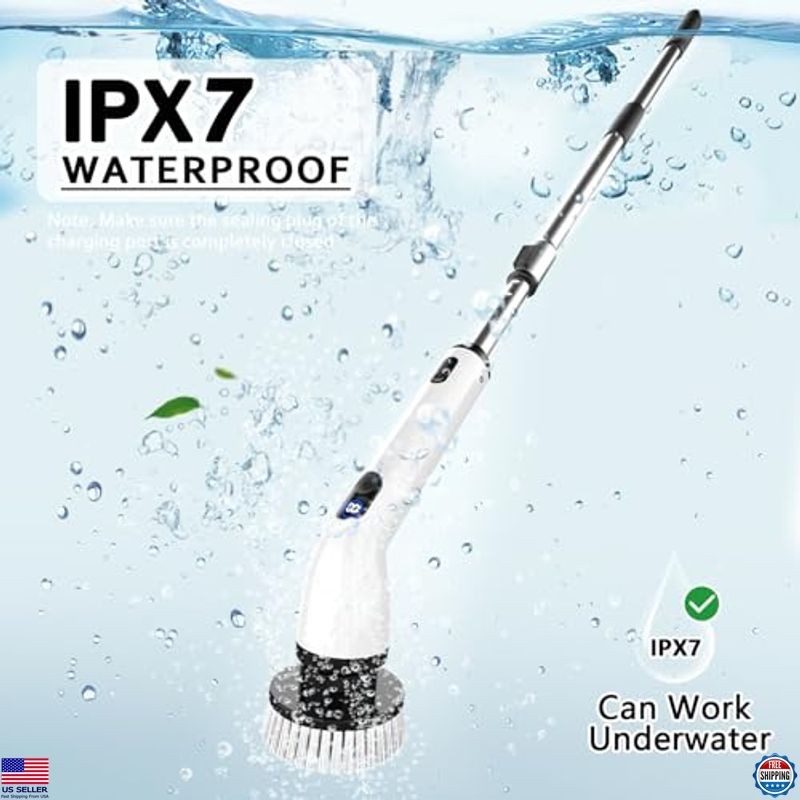 Cordless Electric Spin Scrubber, IPX7 Waterproof, Adjustable Handle, LCD Display