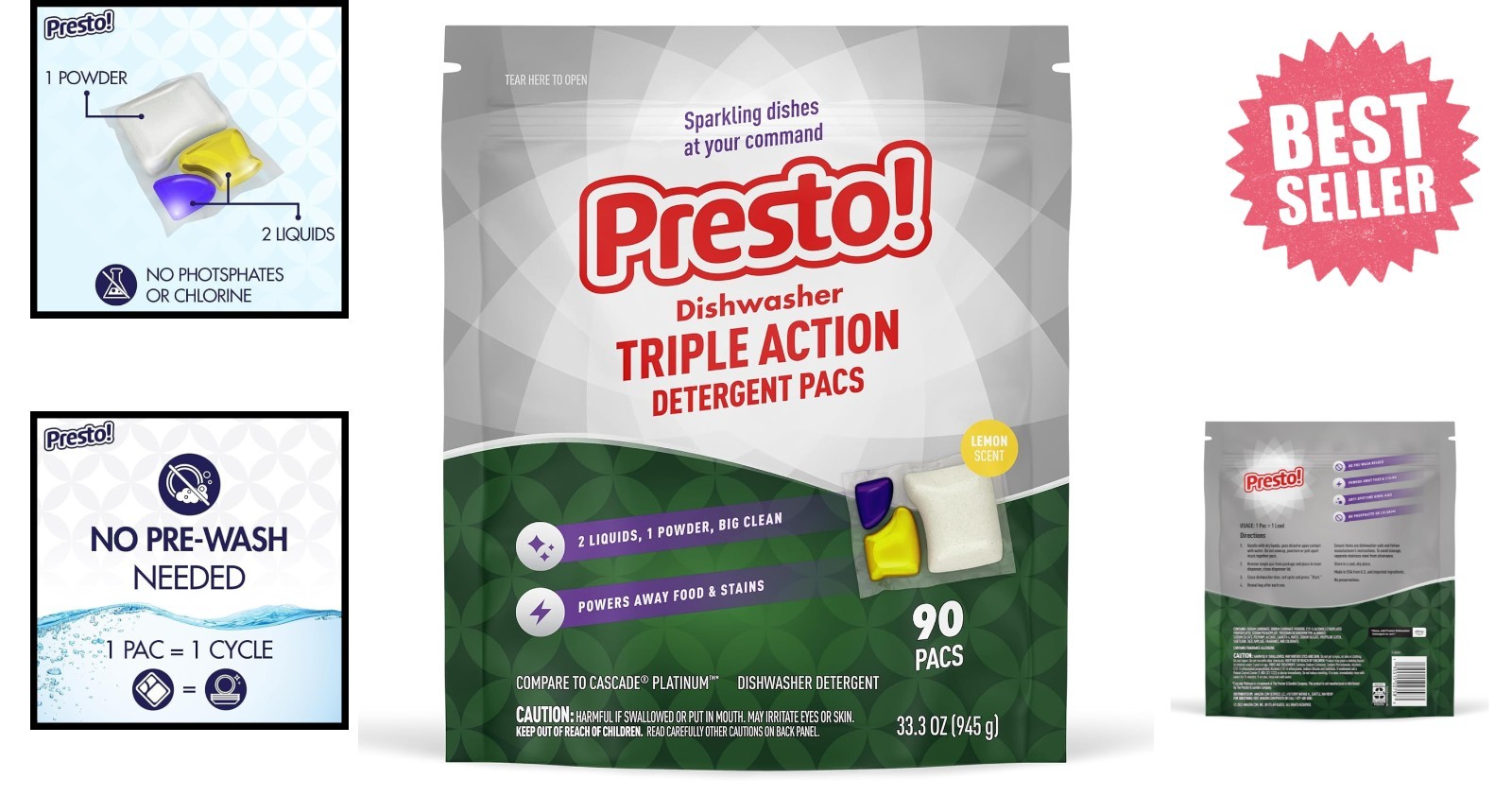 Presto Triple Action Dishwasher Pacs Lemon Scent 90 Count Fresh Scent Power
