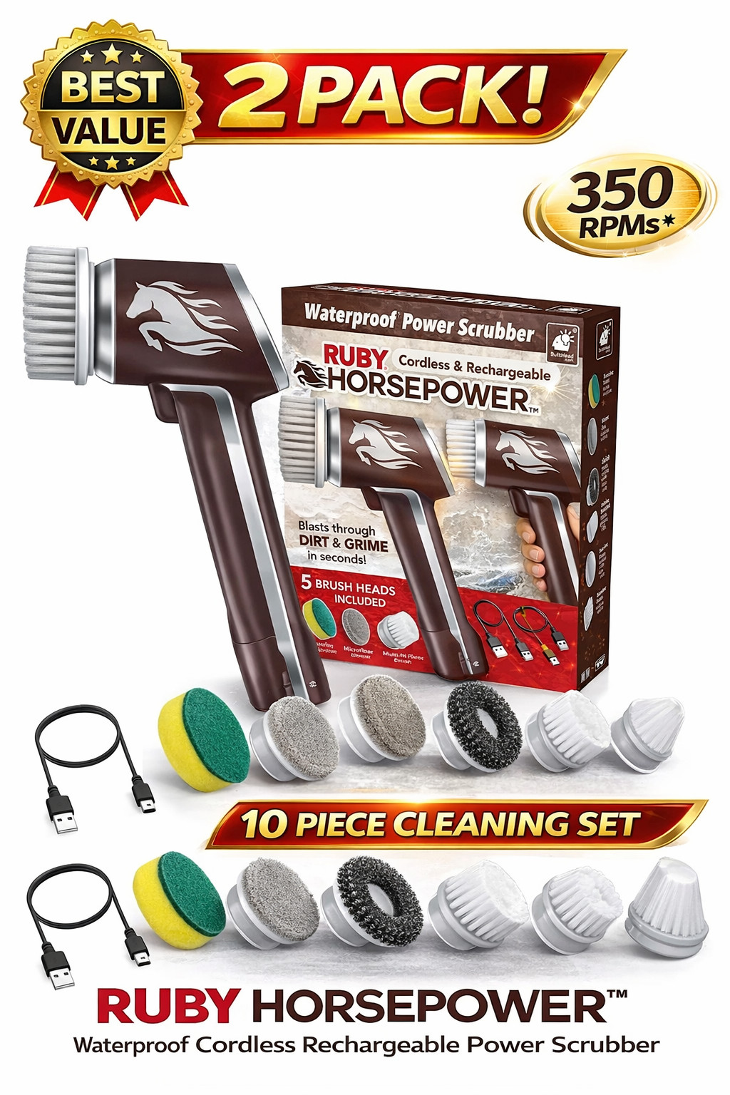 2 Pack Ruby Horsepower Rechargeable Rotating Scrubber Waterproof Power Scrubber