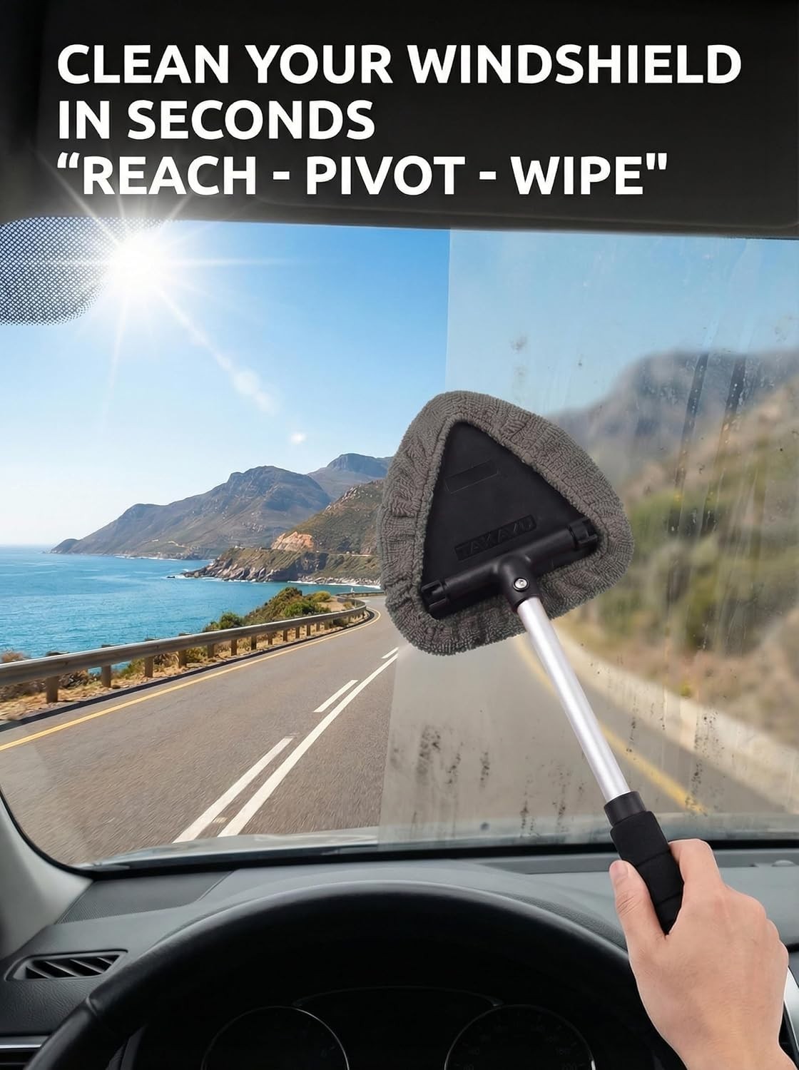 Extendable Car Window Cleaner with Adjustable Head & 3 Microfiber Bonnets – Grey