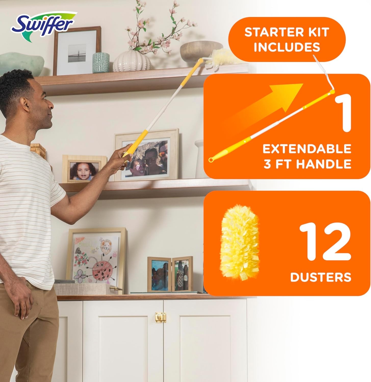 Heavy Duty Dusting Kit, Cleaning Supplies, 3 Ft Extended Handle, 1 Duster, 12 Re