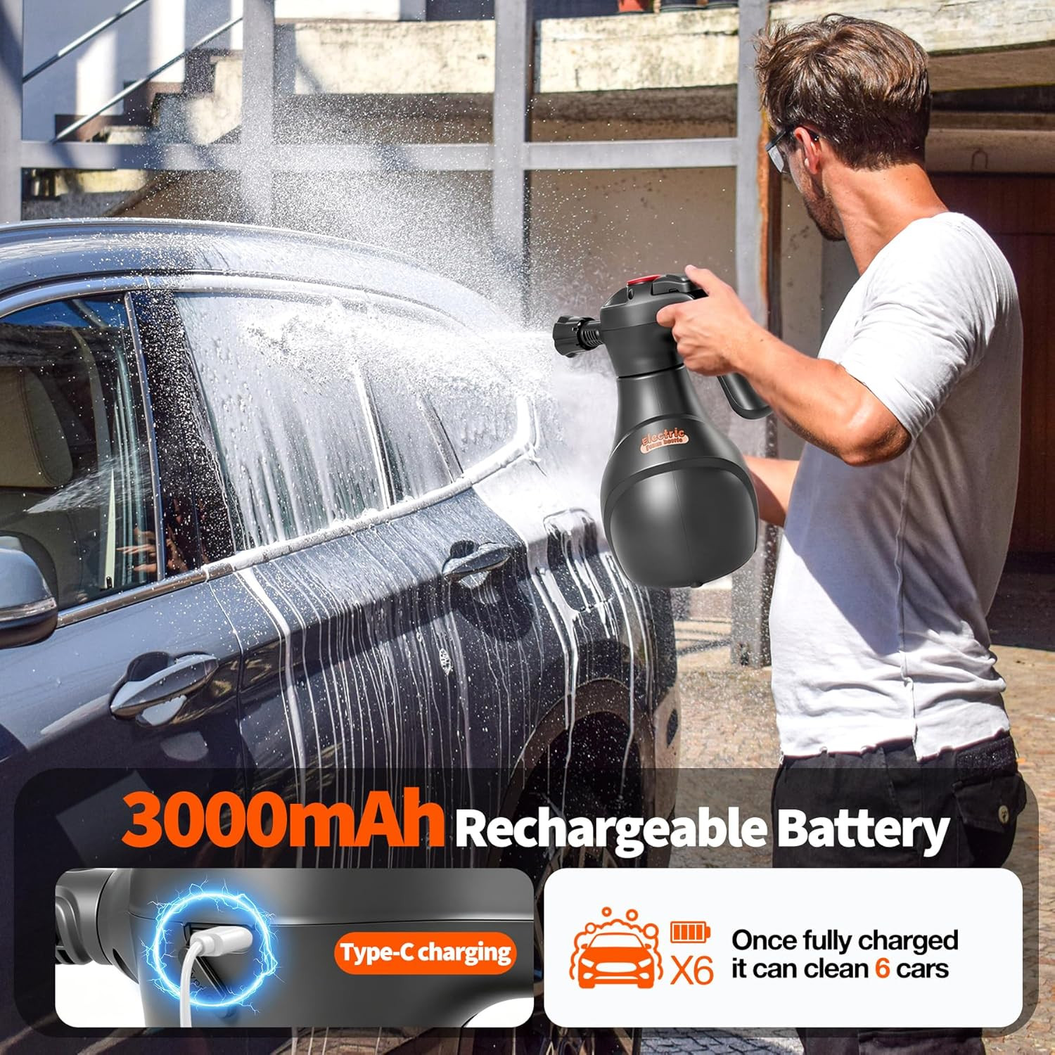 Electric Foam Sprayer Car Wash, 3000Mah Battery Powered Car Foam Sprayer with Vi