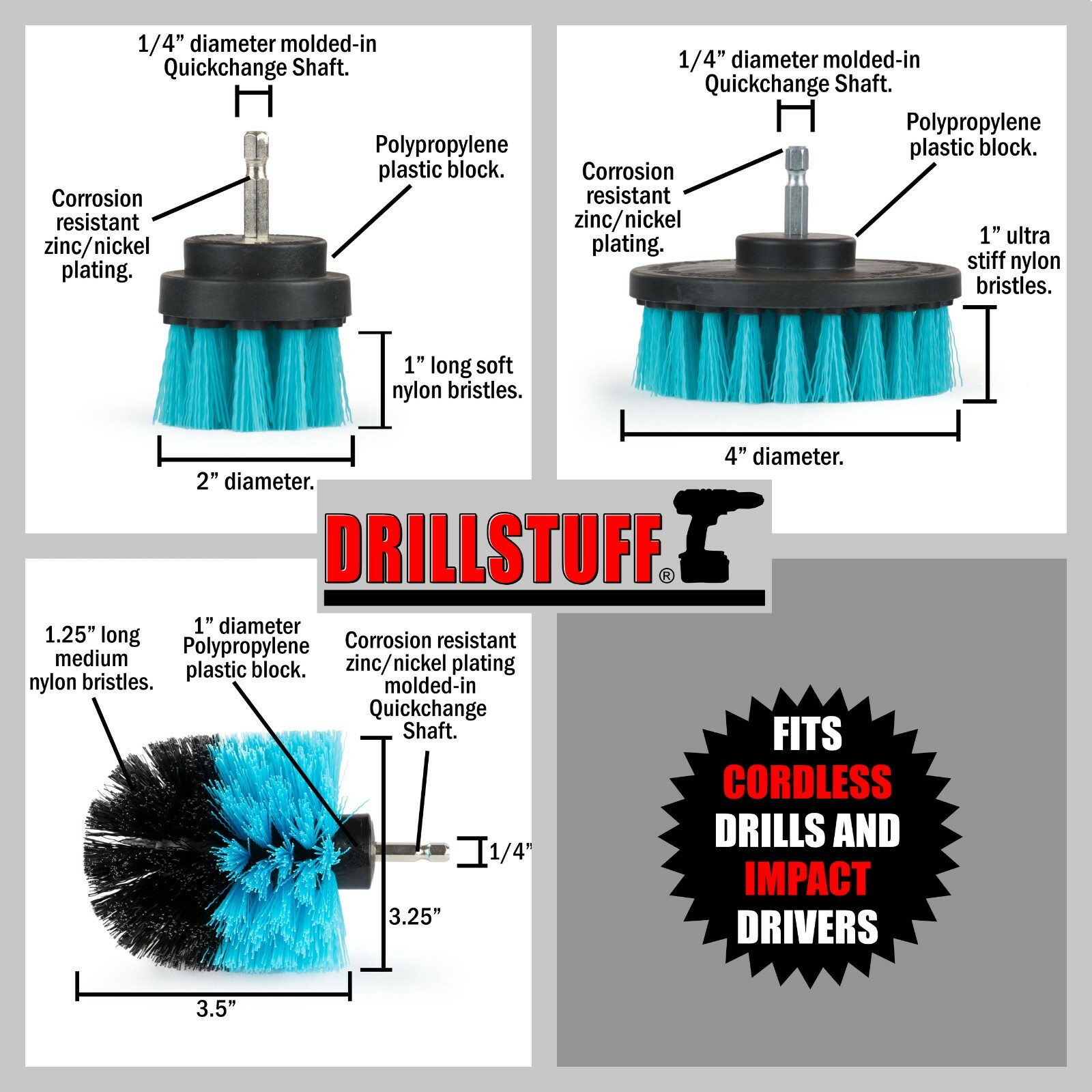 Swimming Pool, Spa, Hot Tub Drill Power Cleaning Scrub Brush Set Removes Algae