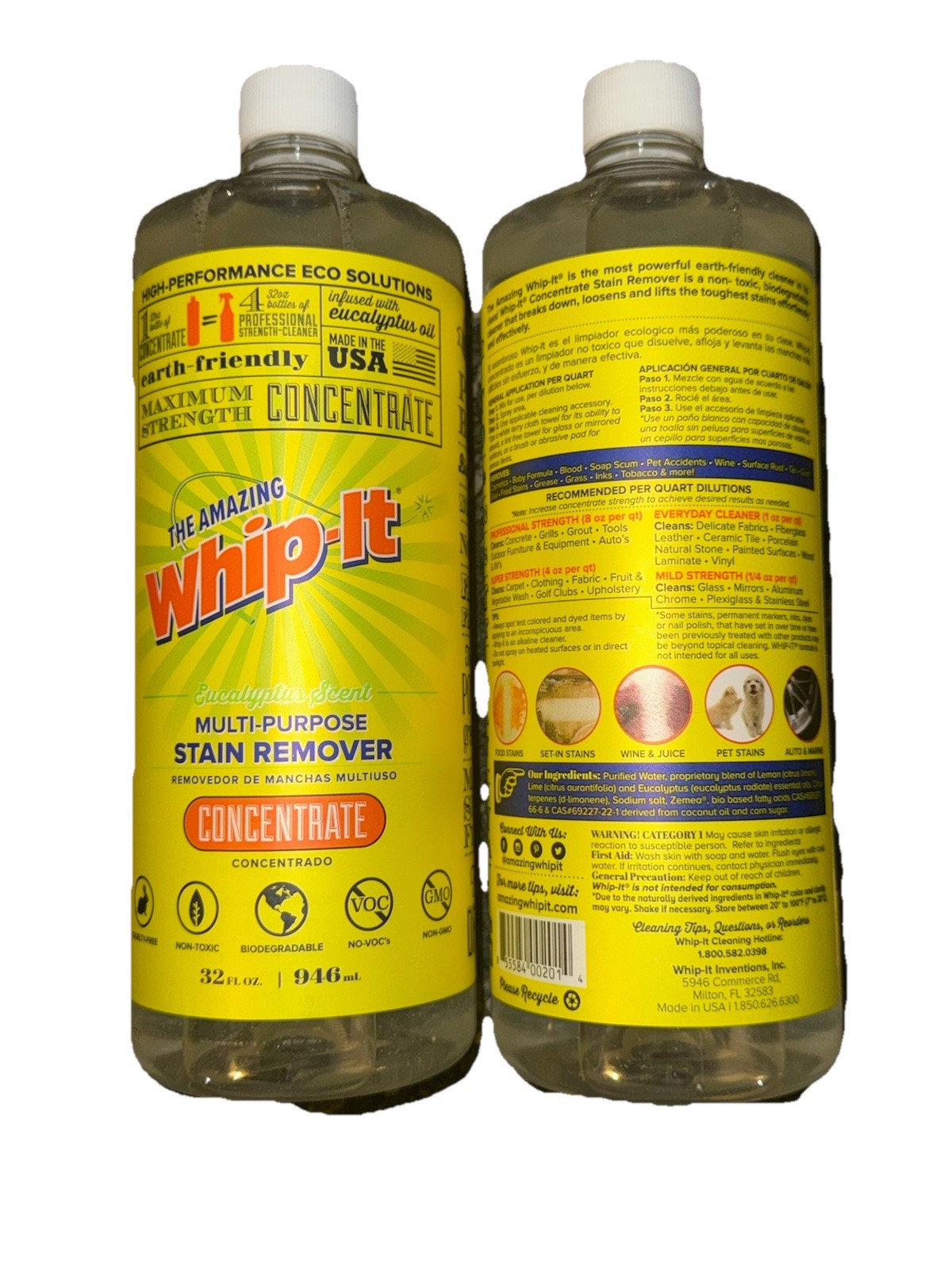 Lot of 2 WHIP-IT Concentrate MIRACLE CLEANER Eucalyptus Oil Multi Stain Remover