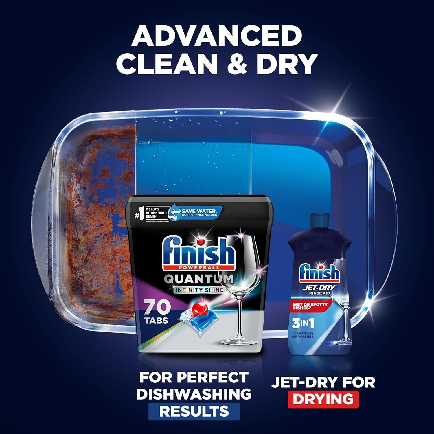 Powerful 70ct Quantum Infinity Shine Dishwasher Tablets – No Pre-Rinse Needed