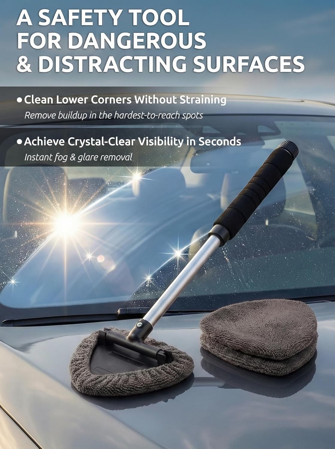 Extendable Car Window Cleaner with Adjustable Head & 3 Microfiber Bonnets – Grey