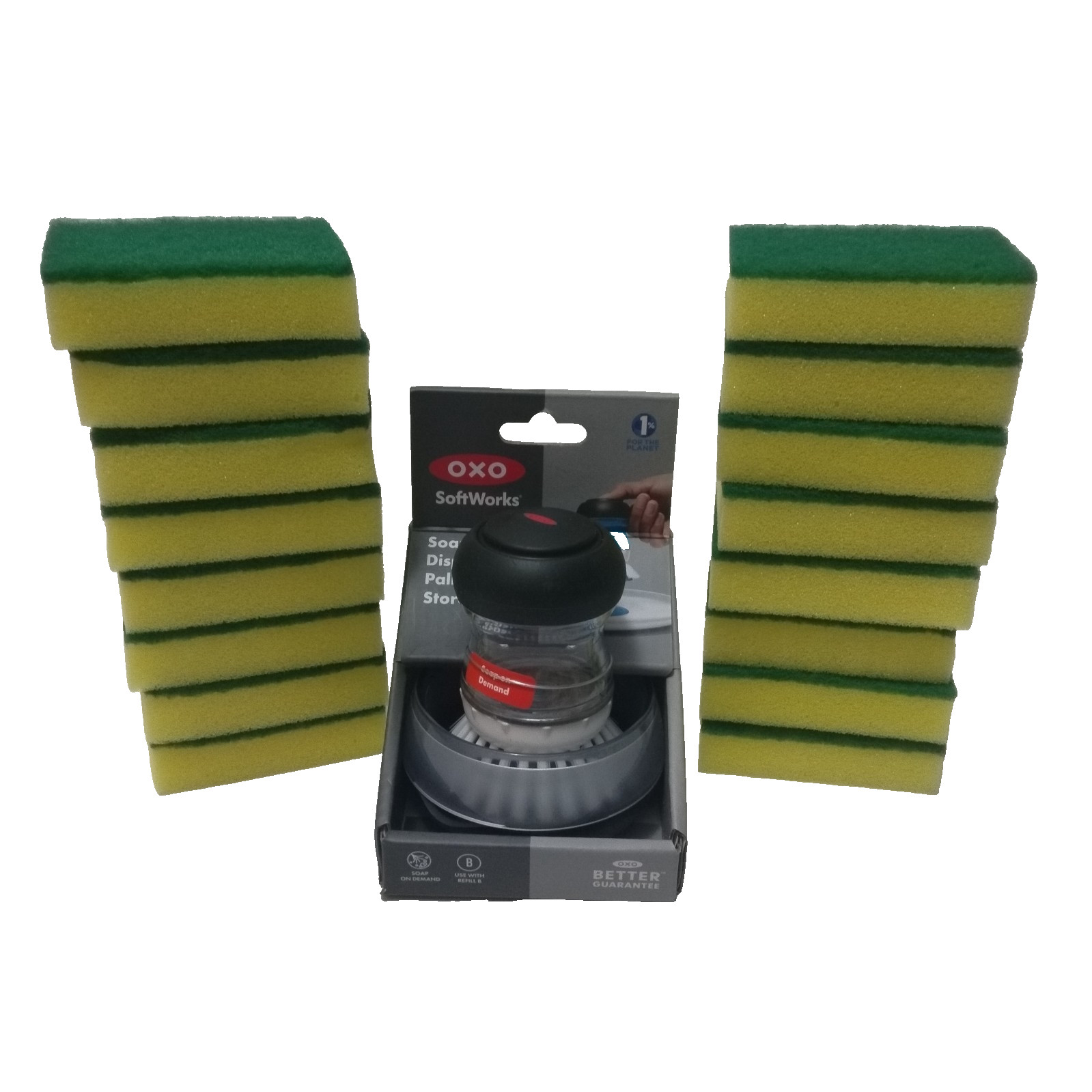 Oxo soap dispensing palm brush storage set and 16 Unbranded Scrub Sponges