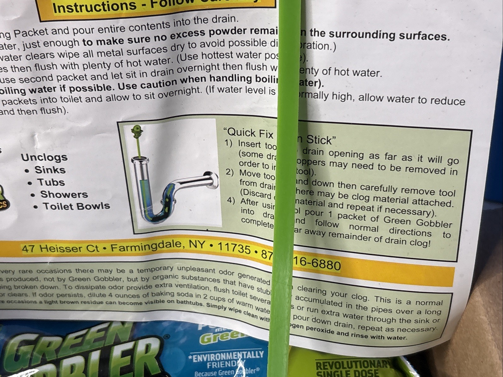 Green Gobbler 5 Drain Clog Opening Powder PACS & Hair Clog Remover Tool Ecoworks