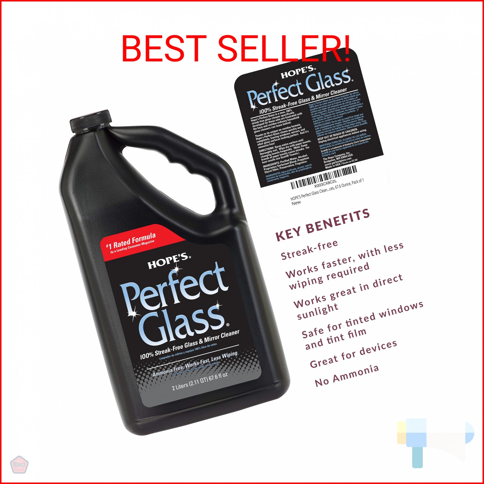 HOPE’S Perfect Glass Cleaner Spray Refill, Streak-Free, Ammonia-Free Window, Mir