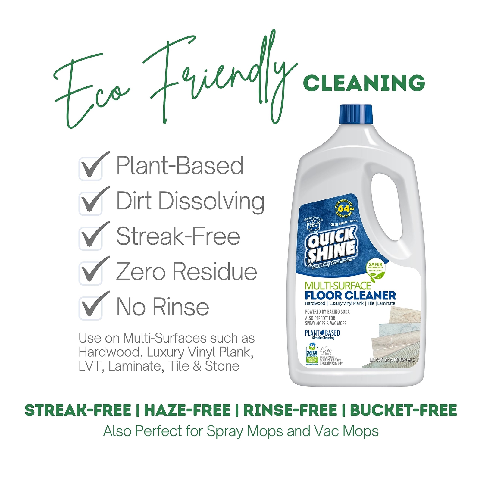 Quick Shine Multi Surface Floor Cleaner 64oz | Ready to Use, Dirt Dissolving,
