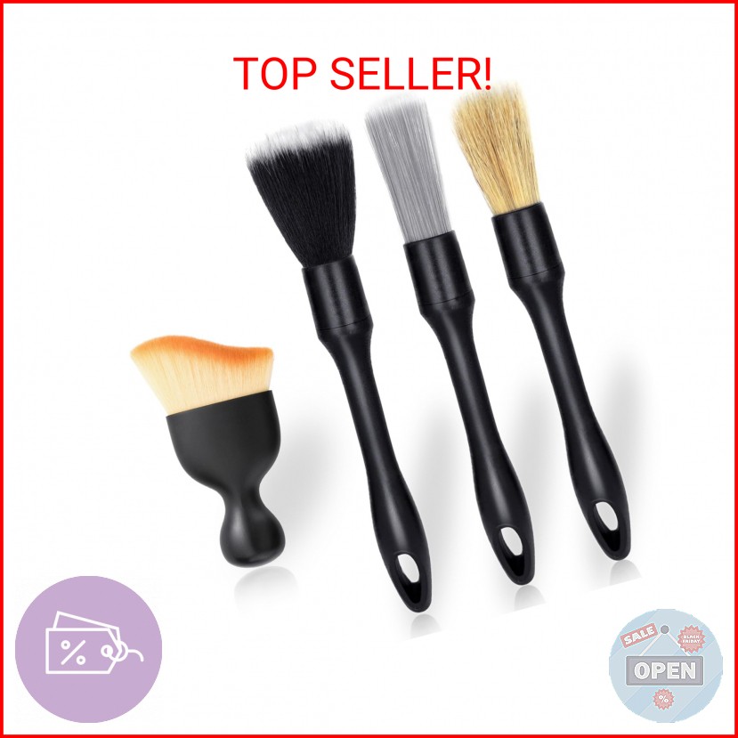 4 PCS Car Detailing Brush Set for Cleaning Interior or Exterior, Boars Bristle D