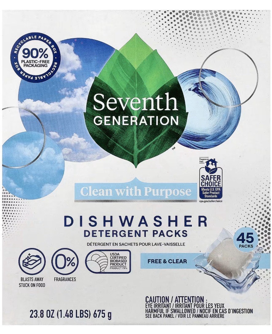Seventh Generation Dishwasher Detergent Packs 45 Count Free & Clear Dish Pods