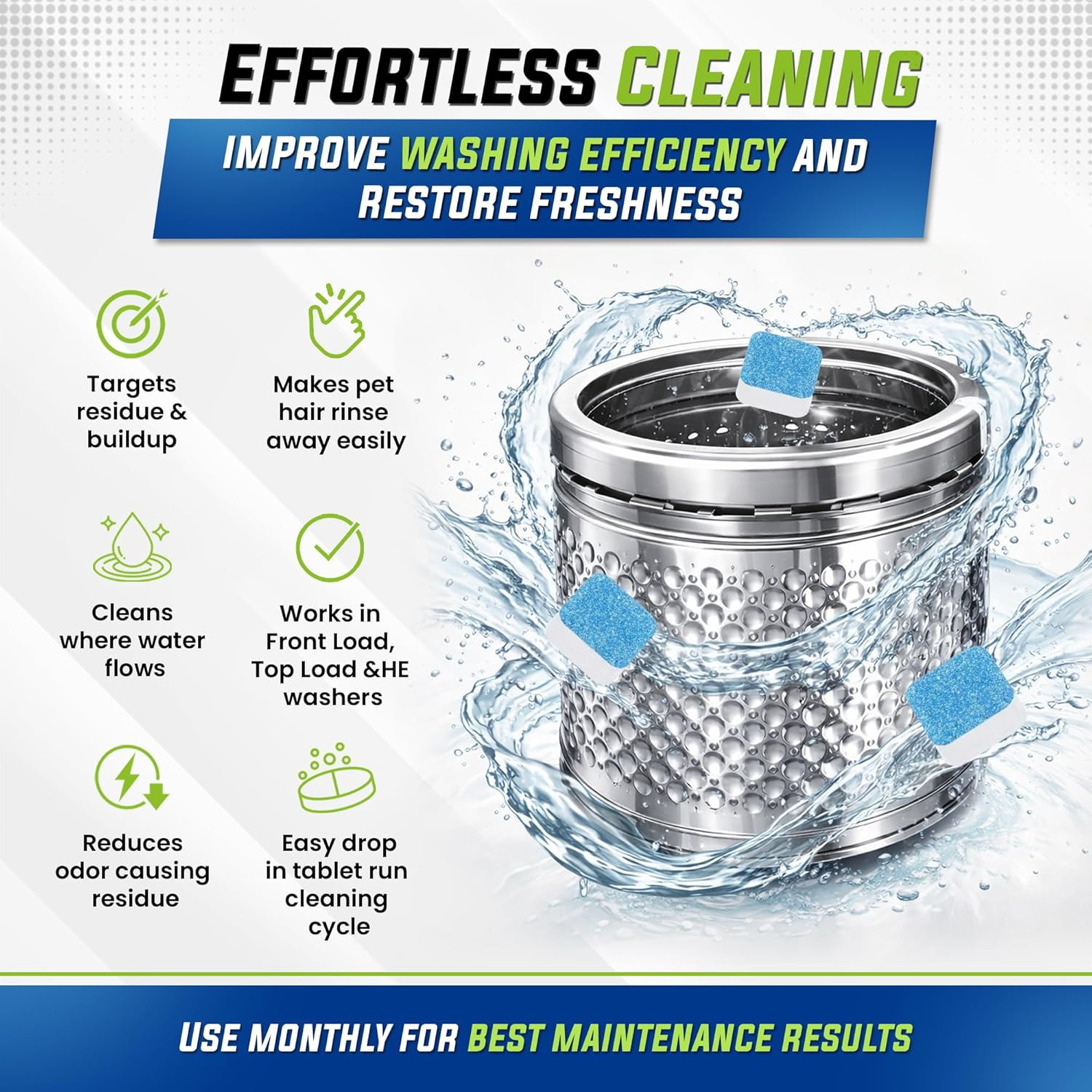 Washing Machine Cleaner Tablets 25 Pack for Front Load, Top Load & HE Washers, H