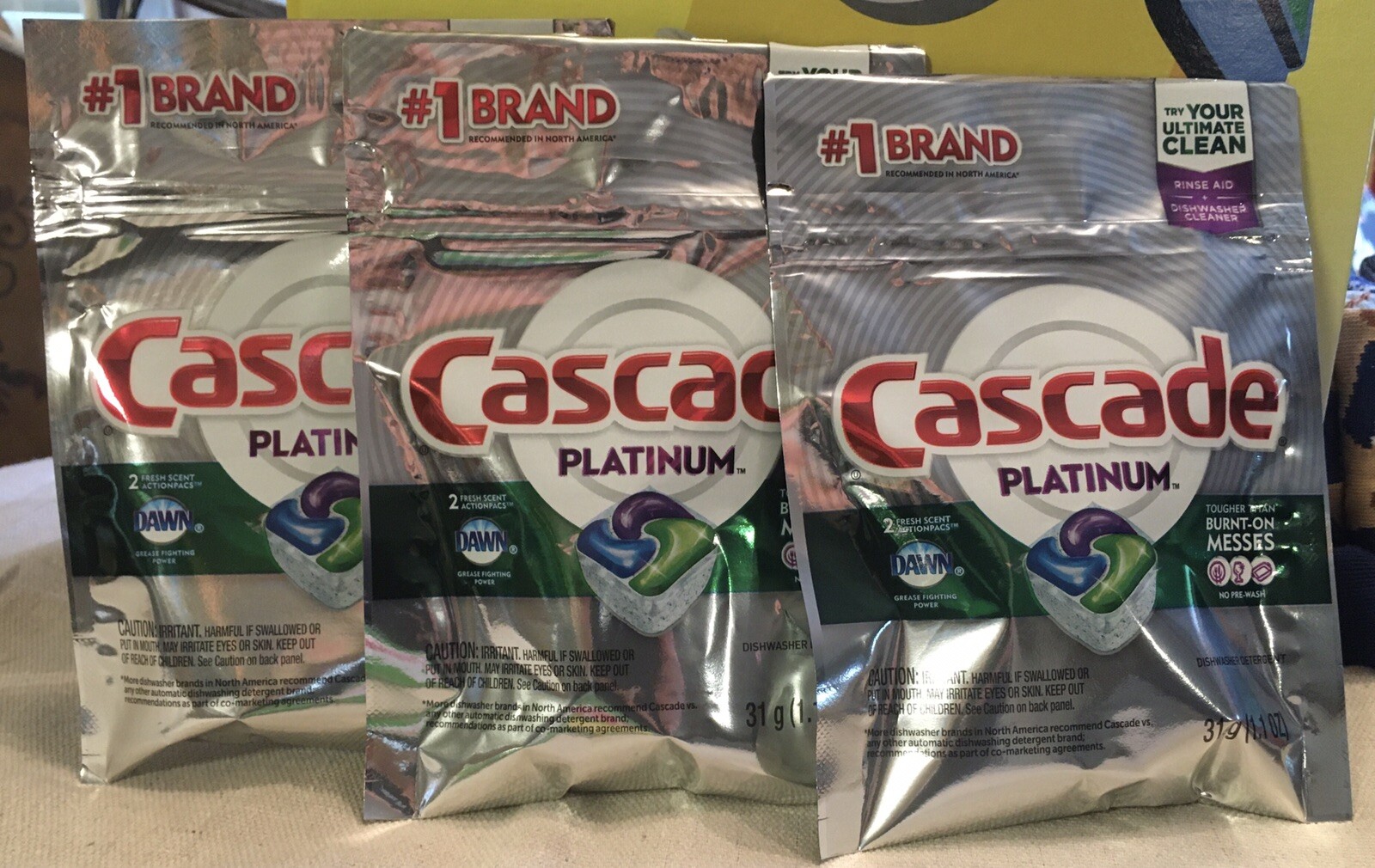 Cascade Platinum Dishwasher Cleaner Rinse Aid Dawn 2 Action Pacs Fresh Scent X 3