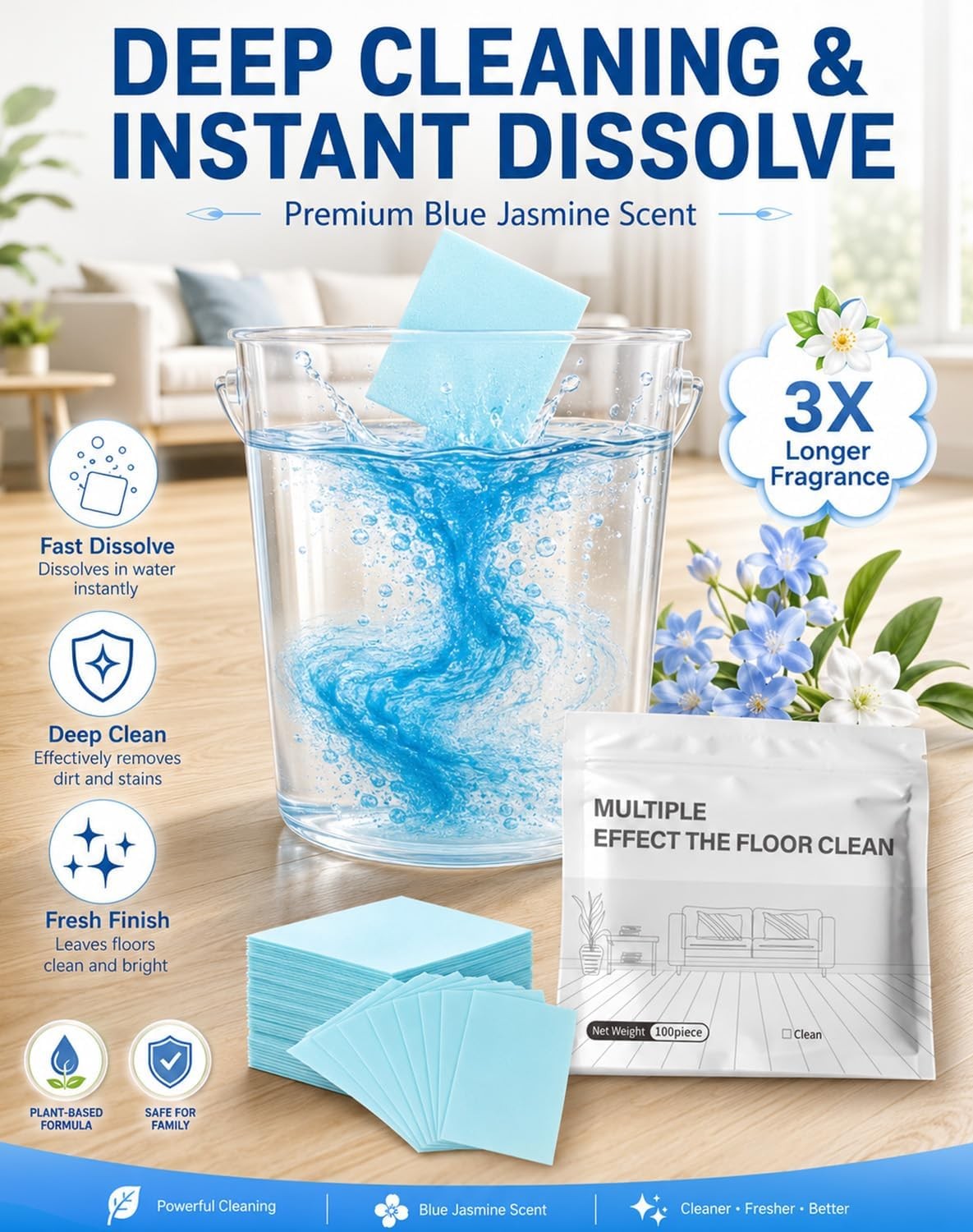100Pcs Multi-Effect Floor Clean Floor Cleaning Tablets For Home Kitchen US