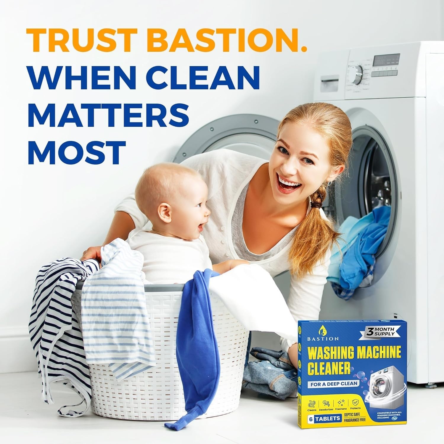 Bastion Washing Machine Cleaner Deodorizer Descaler Tablets 6 Pack 1 Year Suppl